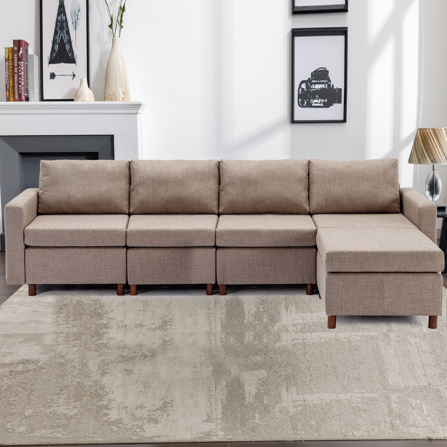 4 Seat Sectional Sofa with Ottoman, Brown Linen, Sturdy Wood Frame, High-Density Sponge Padding