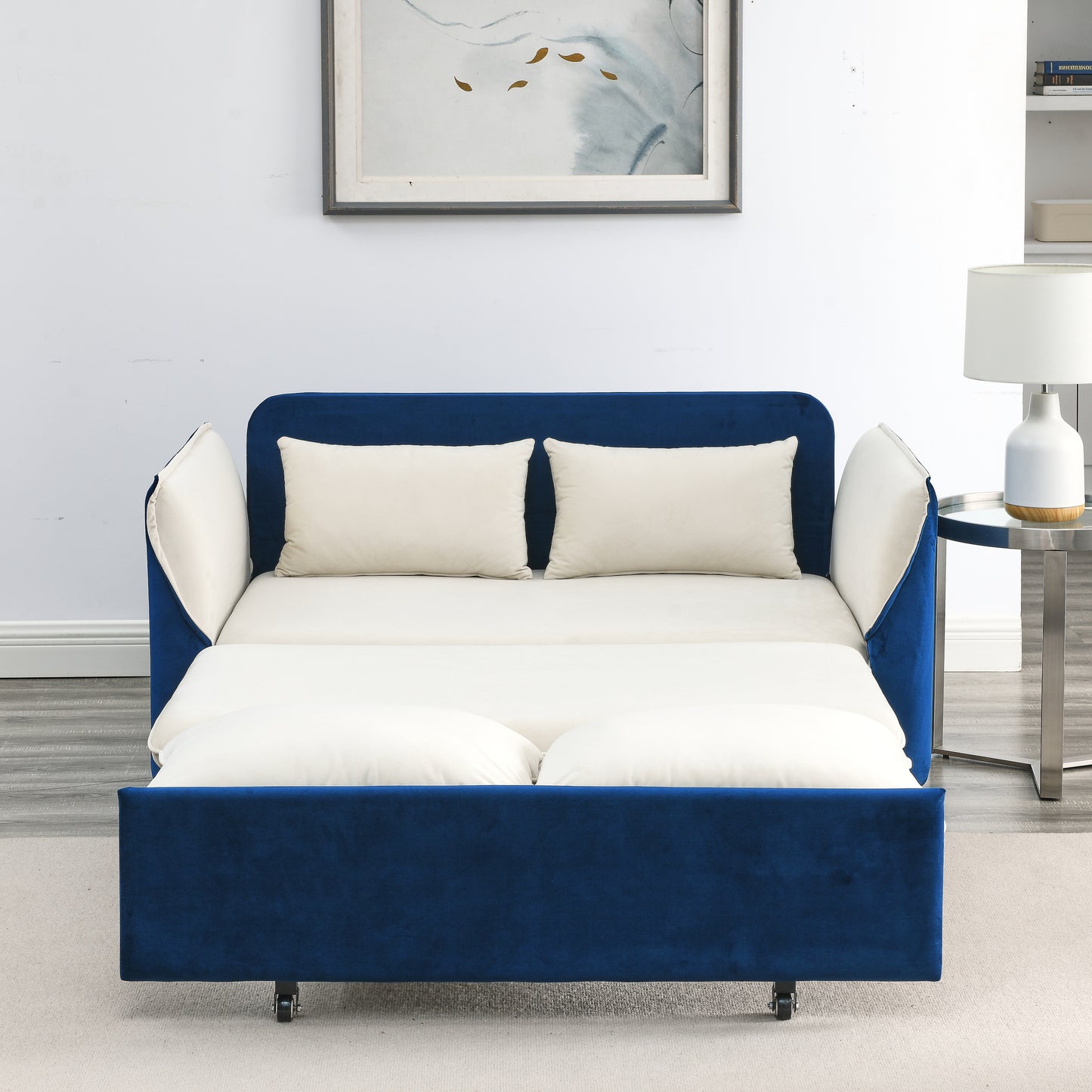 MH 57" Modern Convertible Sofa Bed with 2 Detachable Arm Pockets, Velvet Loveseat Multi-position adjustable Sofa with Pull Out Bed with Bedhead, 2 Pillows and Living Room, WHITE-BLUE