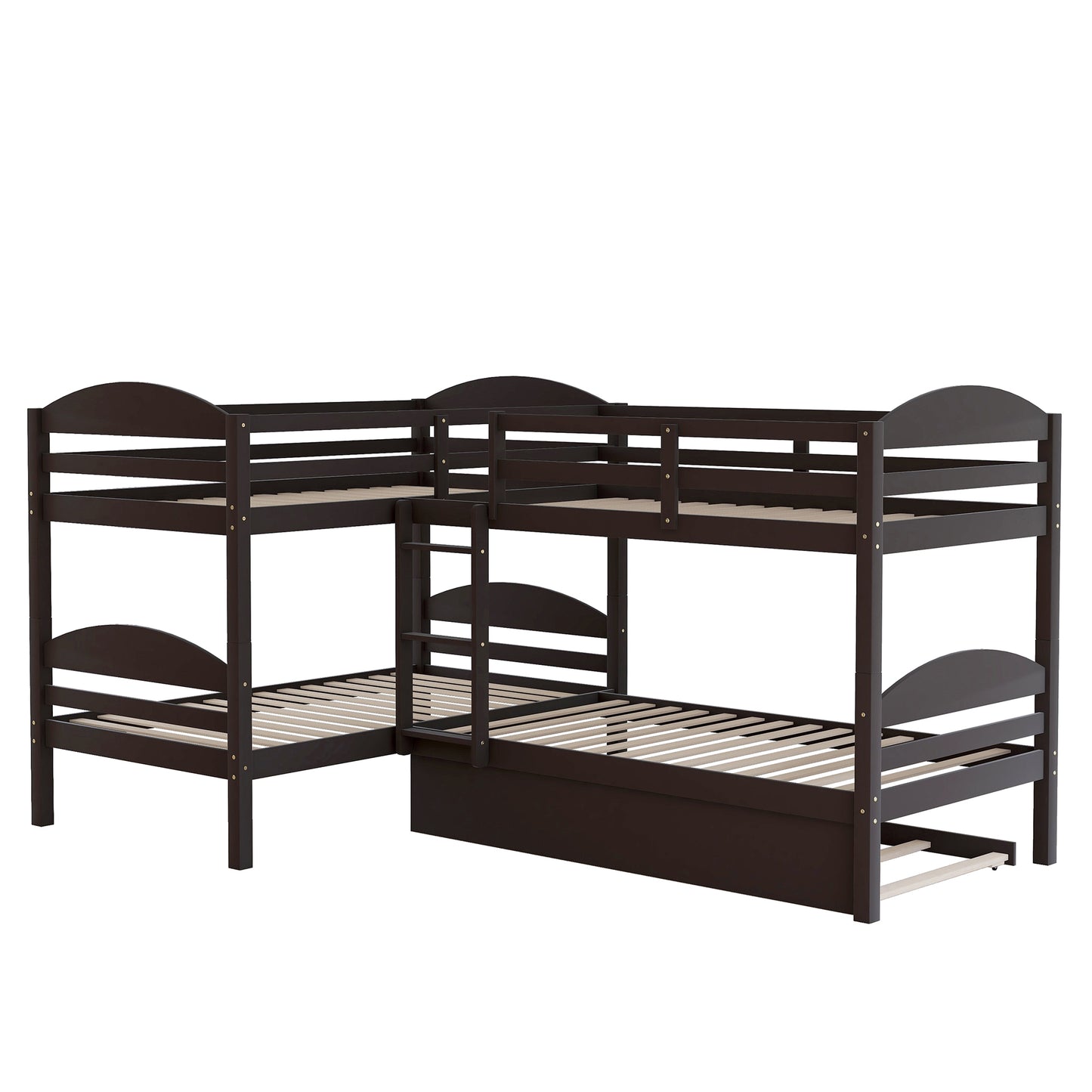 L-Shaped Bunk Bed with Trundle in Espresso Finish - Space-Saving Twin Bed Set for Families and Sleepovers