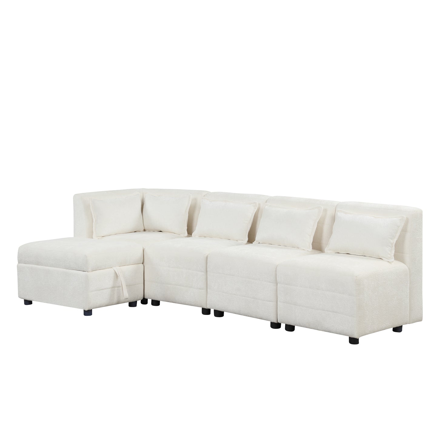 Cream 5-Seater Modular Sectional Sofa with Storage Ottoman and 5 Pillows