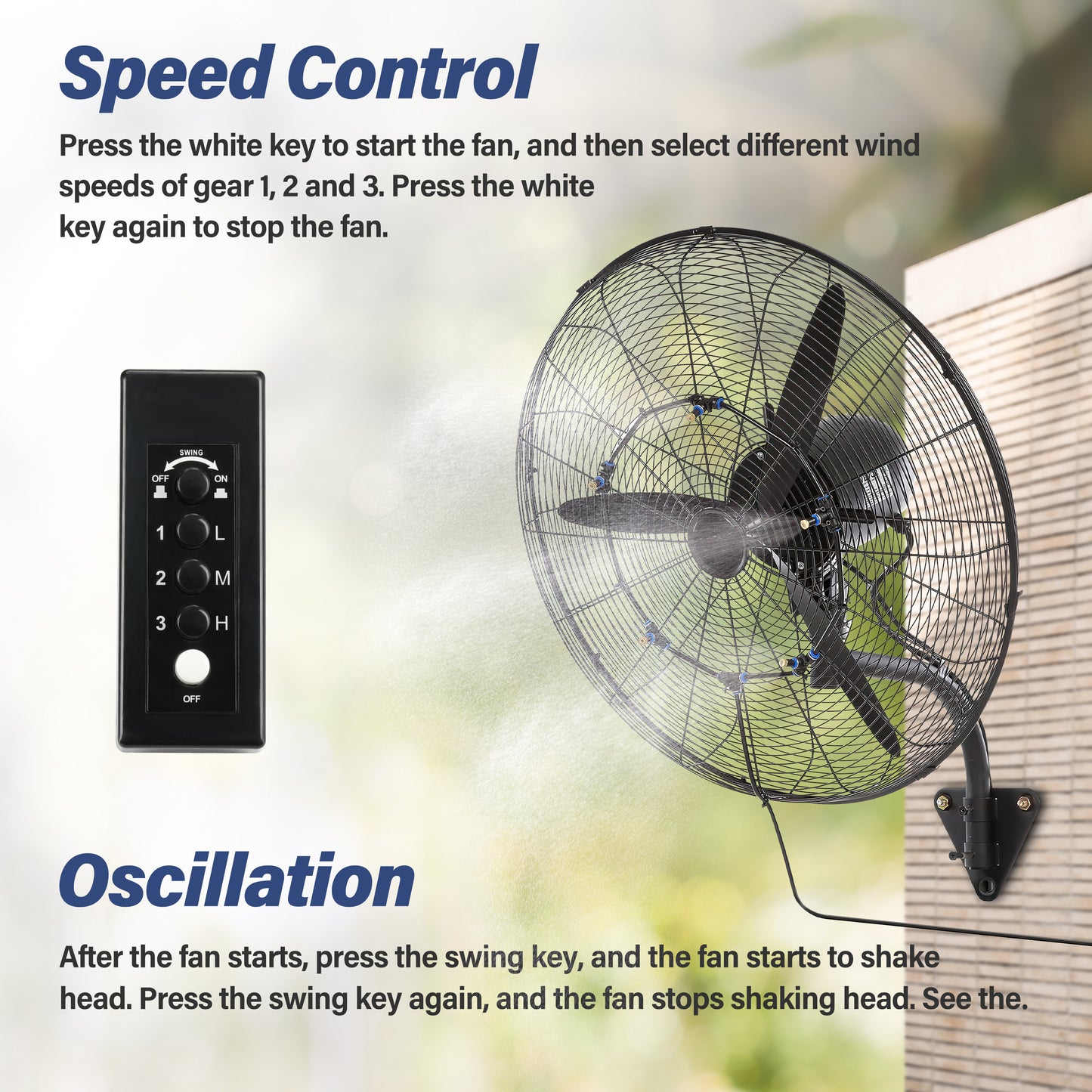 24 Inch Misting Wall Mount Fan, IP44 Waterproof Outdoor Fan, Powerful Cooling and Refreshing Mist, Adjustable Speeds, 180 Degree Oscillation,Black