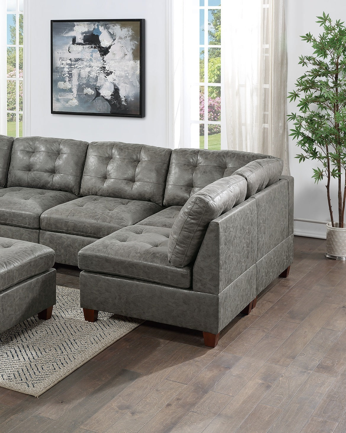 Antique Grey Breathable Leatherette Modular Sectional Set + Ottoman