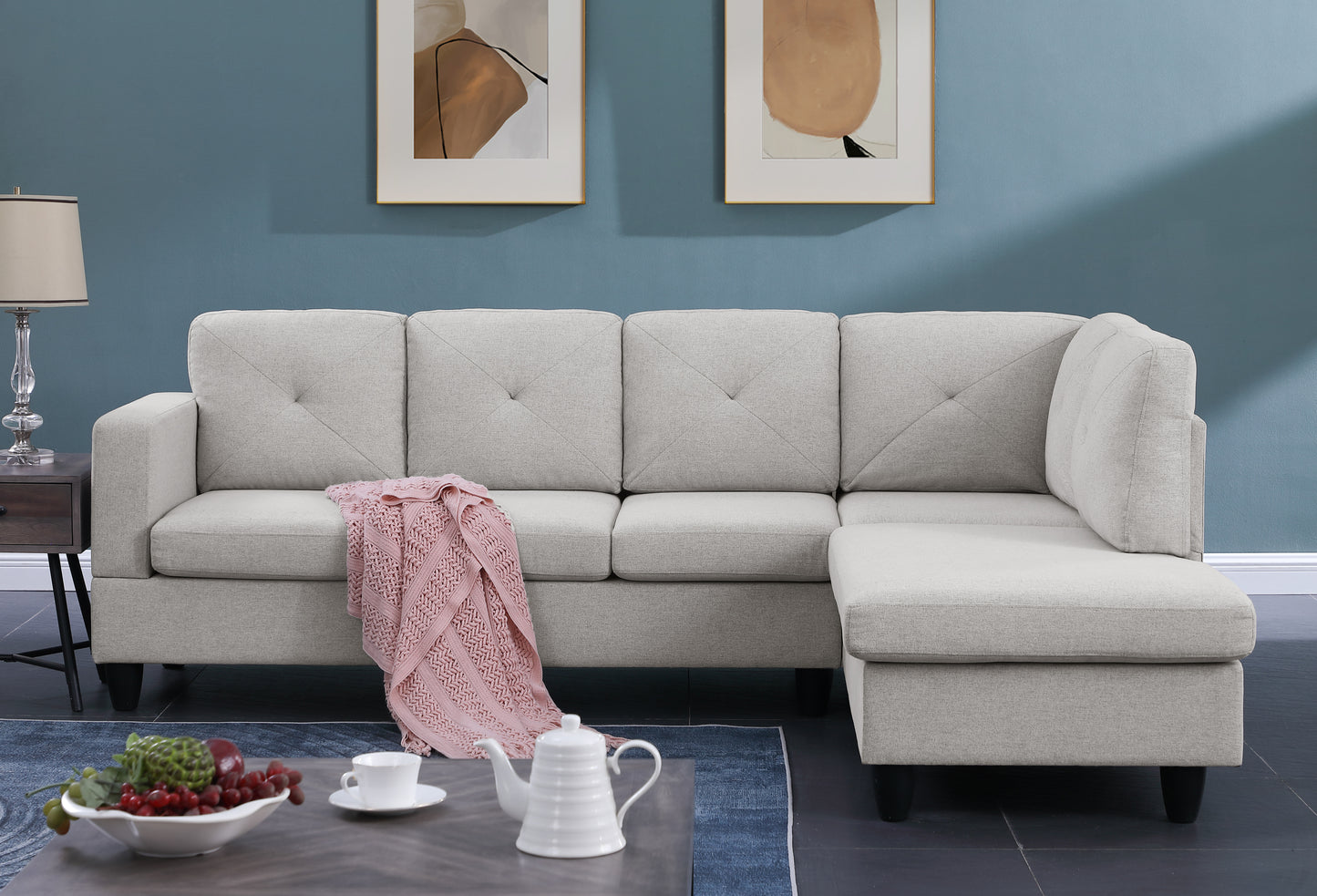 Santiago Light Grey Linen Sectional Couch with Right Chaise_Lounger