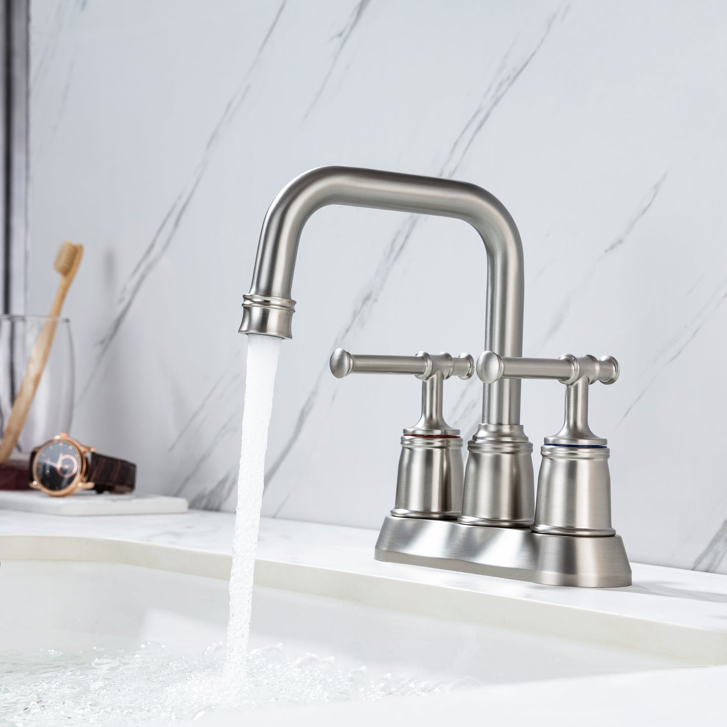 Elegant Brushed Nickel Bathroom Faucet with Dual Handles and Lift Rod Drain - Ideal for Lavatory Sink