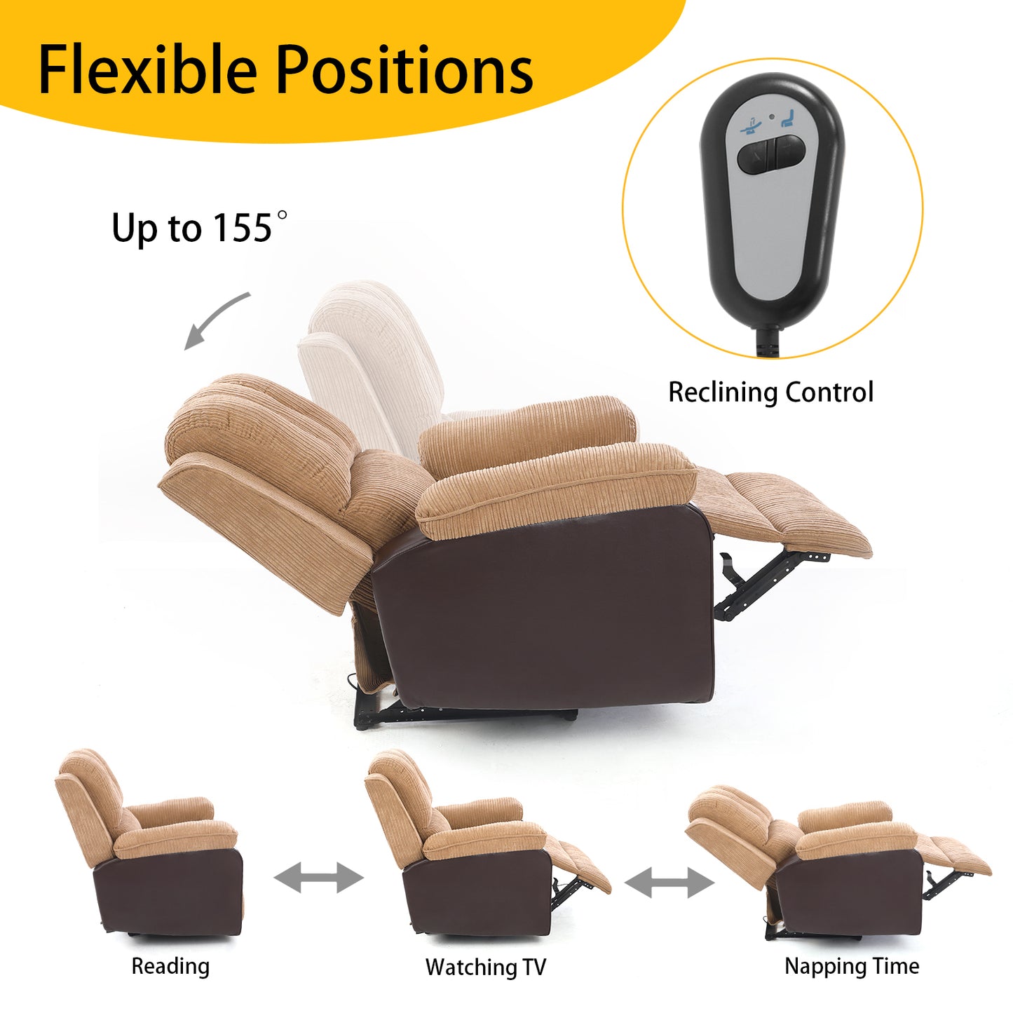 Corduroy + PU material thickened with side pockets armrests ergonomic power sofa chair with 8-point massage heating function