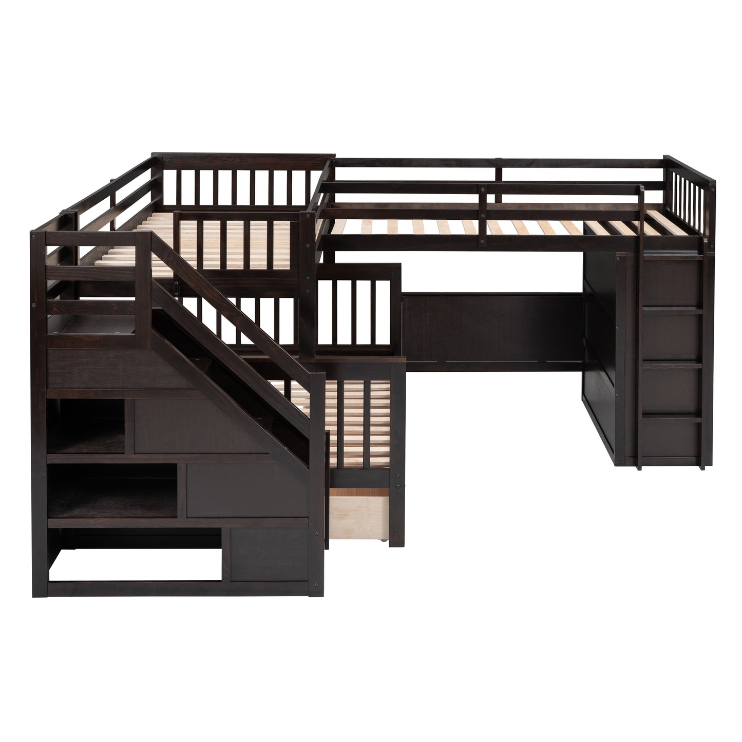 Espresso L-Shaped Bunk Bed with Storage Drawers, Desk, Wardrobe and Maximized Space