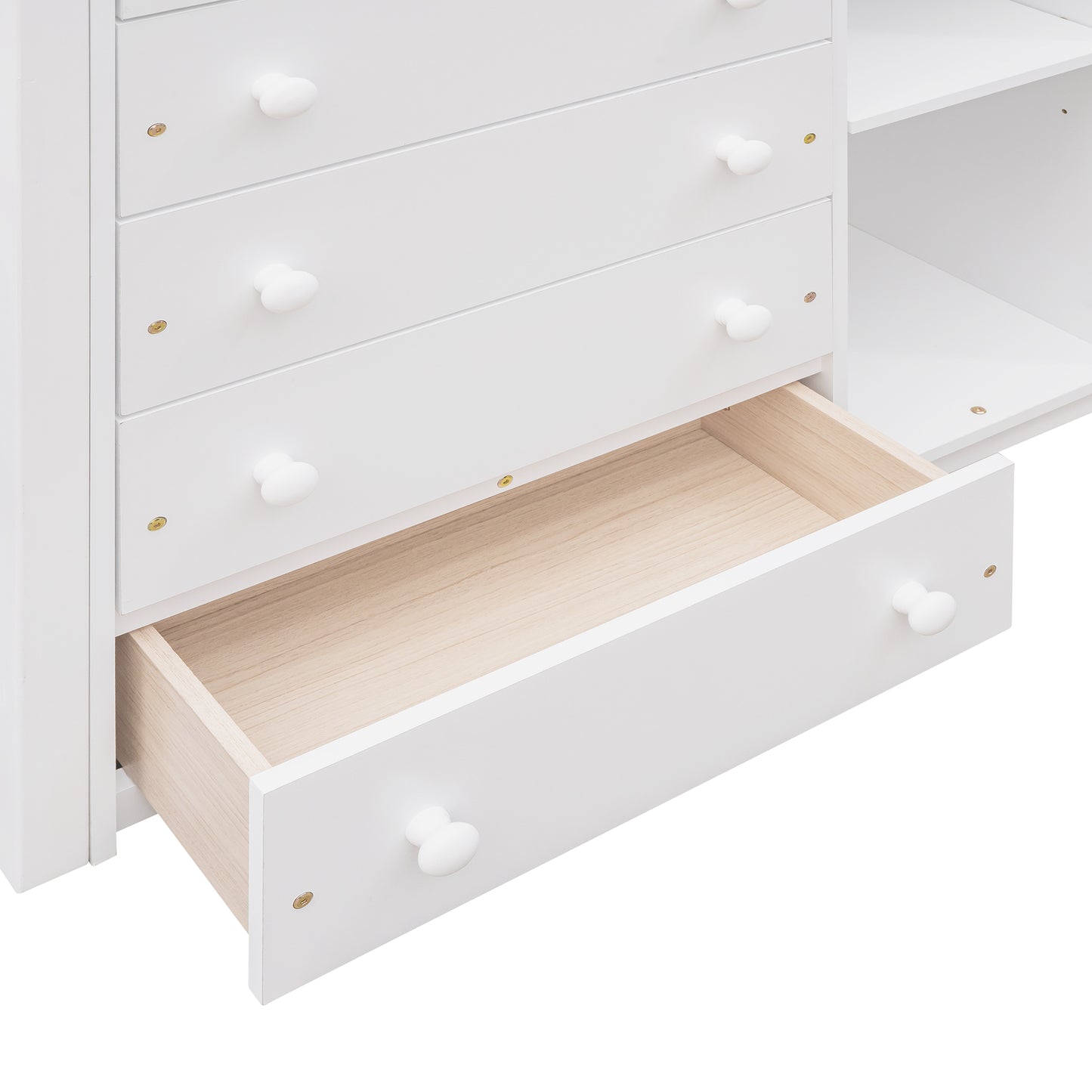 White Wooden Bunk Bed with Storage Drawers and Flexible Shelves, Twin Over Full Size Bed on Wheels