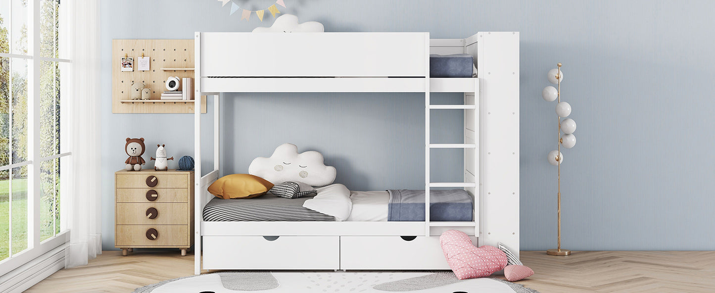 White Bunk Bed with Storage Drawers and Cabinet for Twin Size