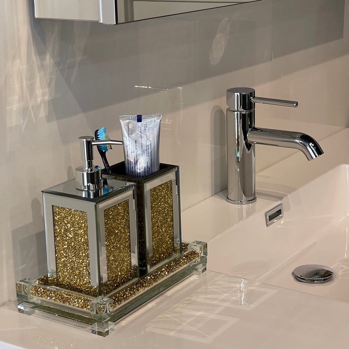 Elegant Gold Glass Soap Dispenser and Toothbrush Holder Set