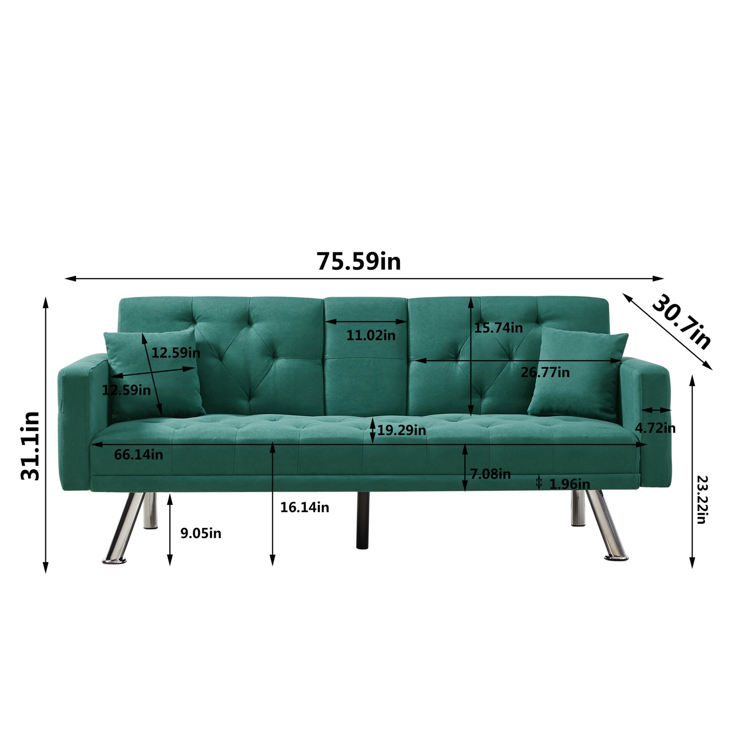 Square Arm Armrests, Dark Green Linen Convertible Sofa and Sofa Bed