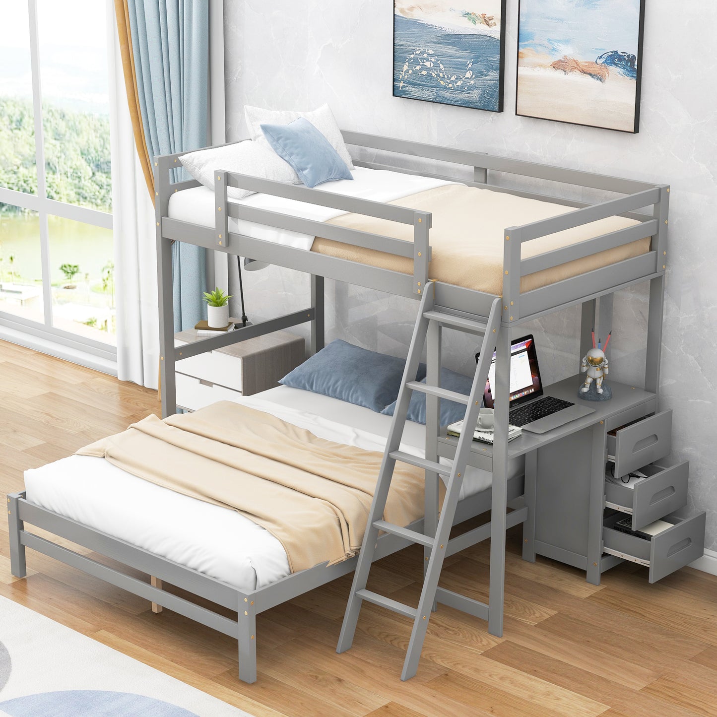 Grey Twin over Full Bunk Bed with Desk and Storage