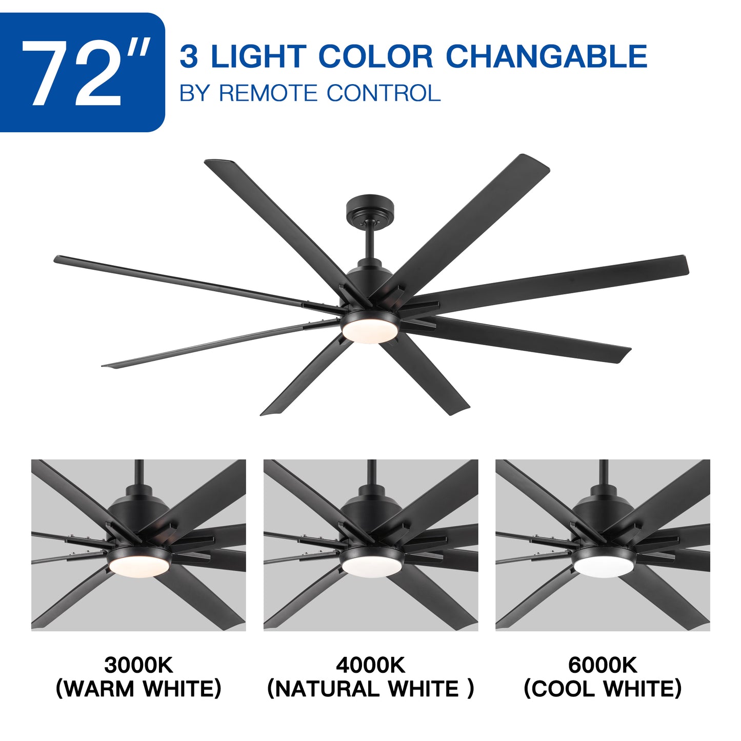 72-Inch Large Ceiling Fan with Integrated LED Light and Black ABS Blades