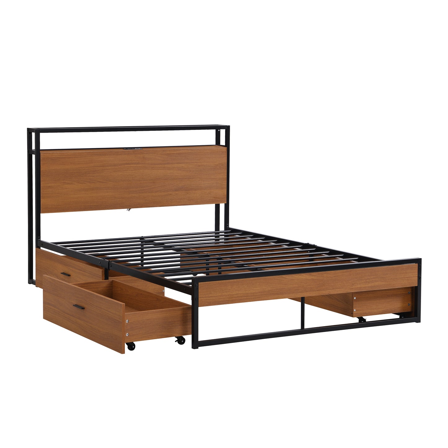 Full Size Metal Platform Bed Frame with  Four Drawers,Sockets and USB Ports ,Slat Support No Box Spring Needed Black