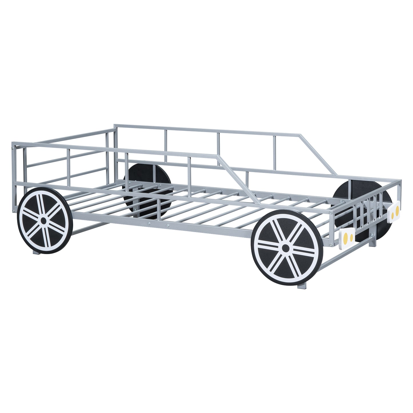 Metal Twin Size Car-shaped Platform Bed with Wheels and Headlights Decoration, Silver