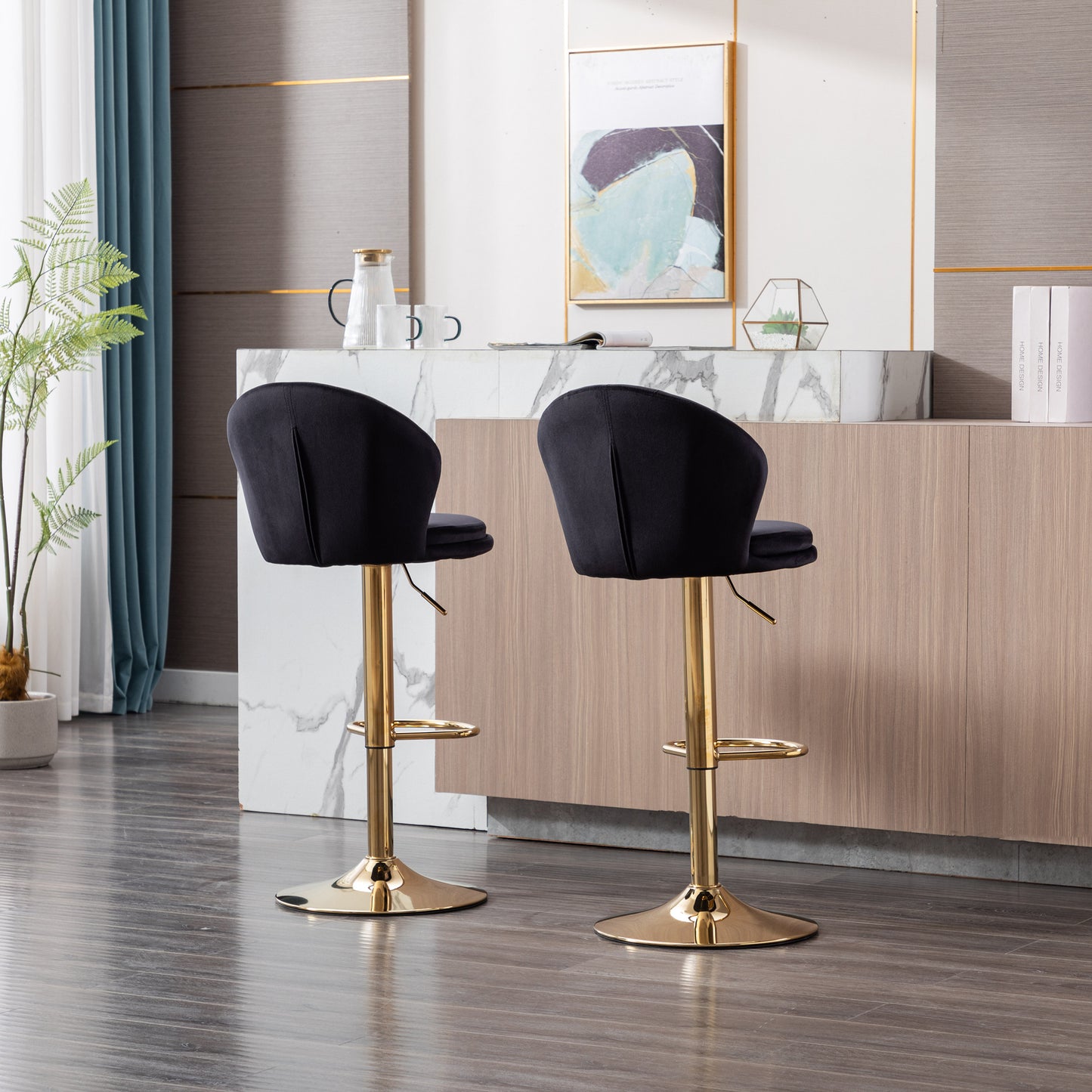 Set of 2  Bar Stools,with Chrome Footrest and Base Swivel Height Adjustable Mechanical Lifting Velvet + Golden Leg Simple Bar Stool-Black