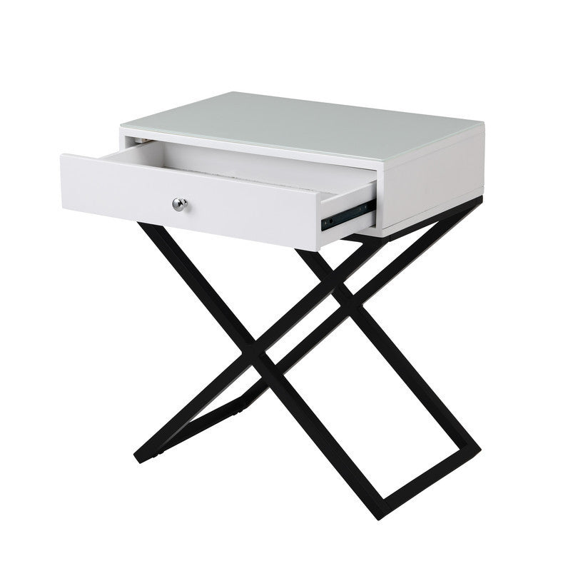 Koda White Wooden End Side Table Nightstand with Glass Top, Drawer and Metal Cross Base