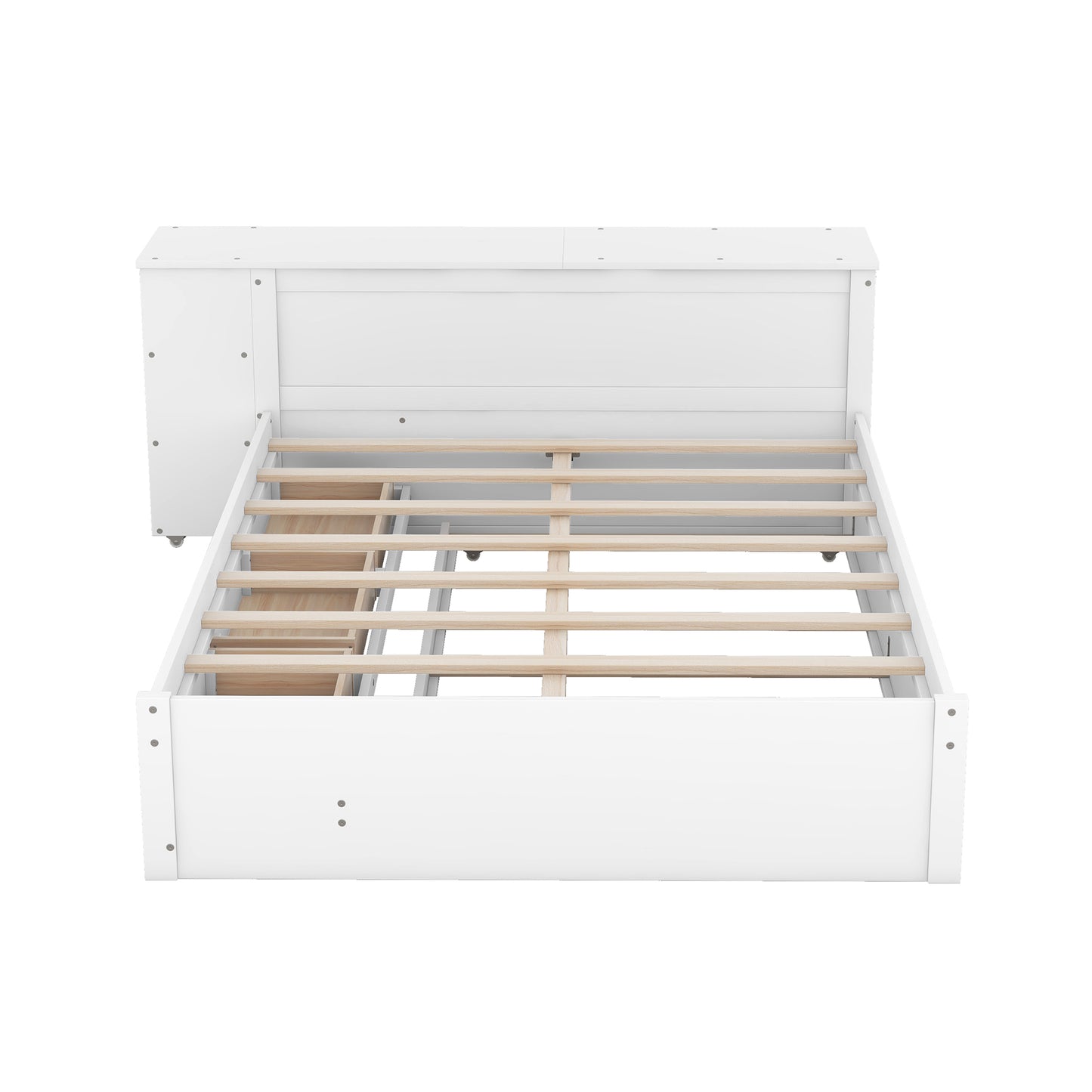 Full Size Platform Bed With a Rolling Shelf, White