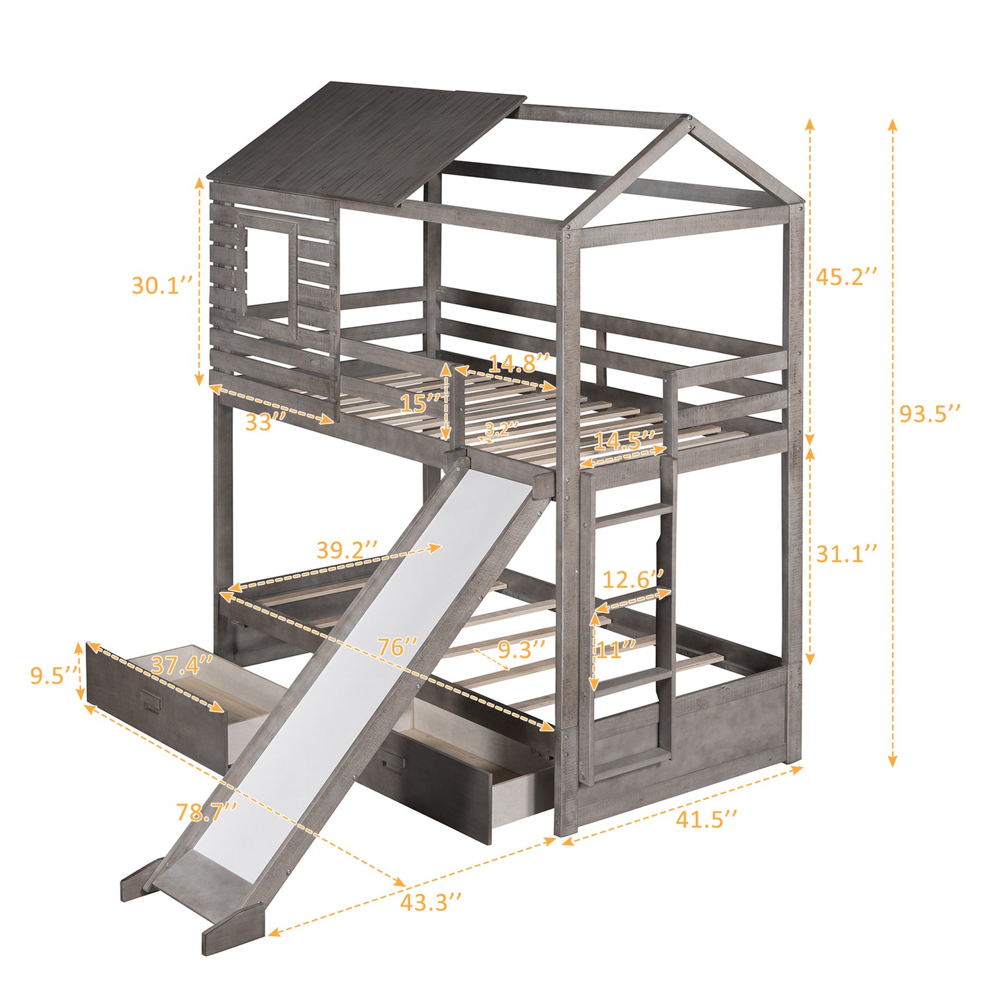 House-Shaped Twin Over Twin Bunk Bed with Slide, Storage Drawers, and Antique Gray Wood Finish