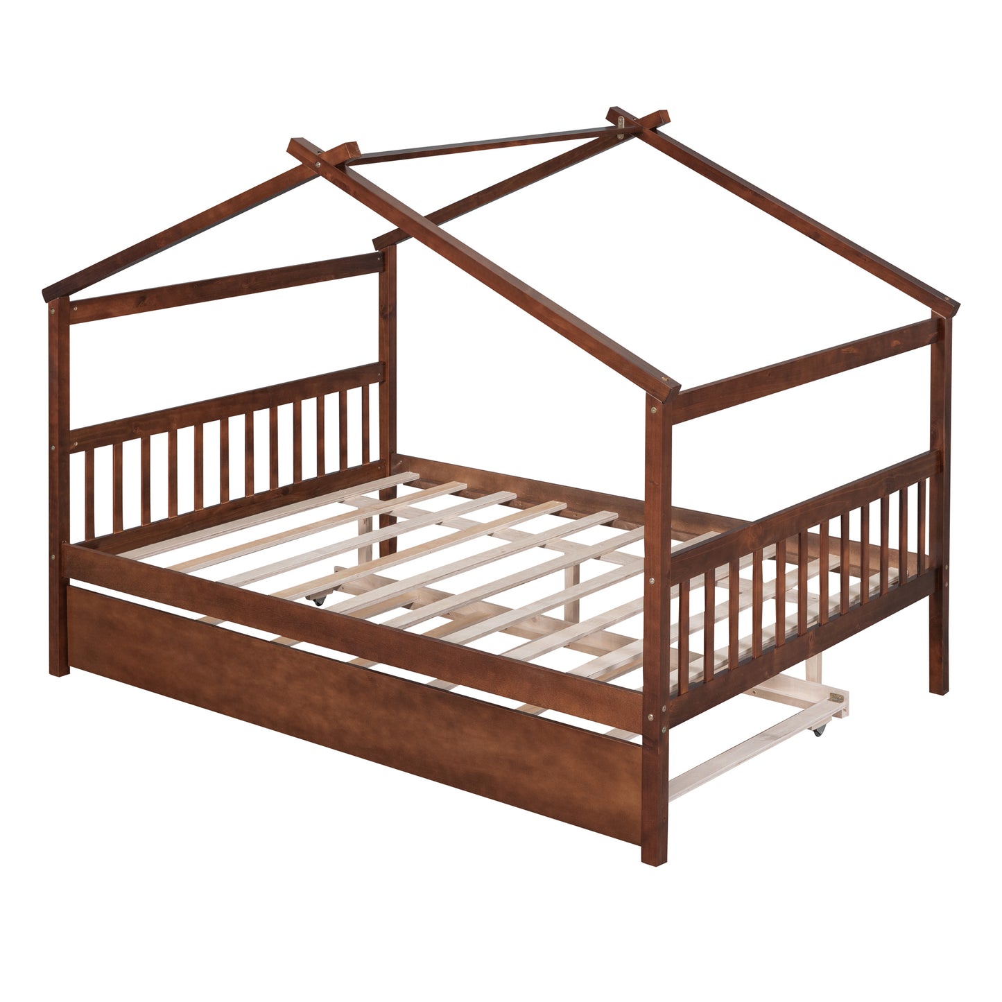 Full Size Wooden House Bed with Twin Size Trundle, Walnut