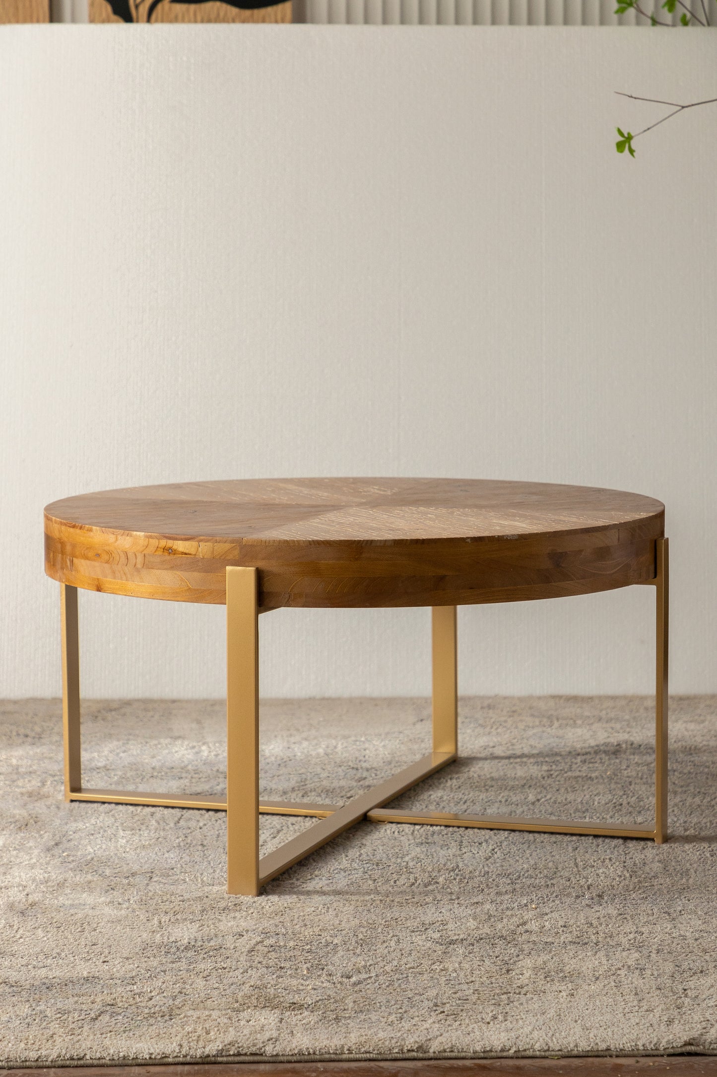 Modern Retro Splicing Round Coffee Table with Gold Cross Legs Base