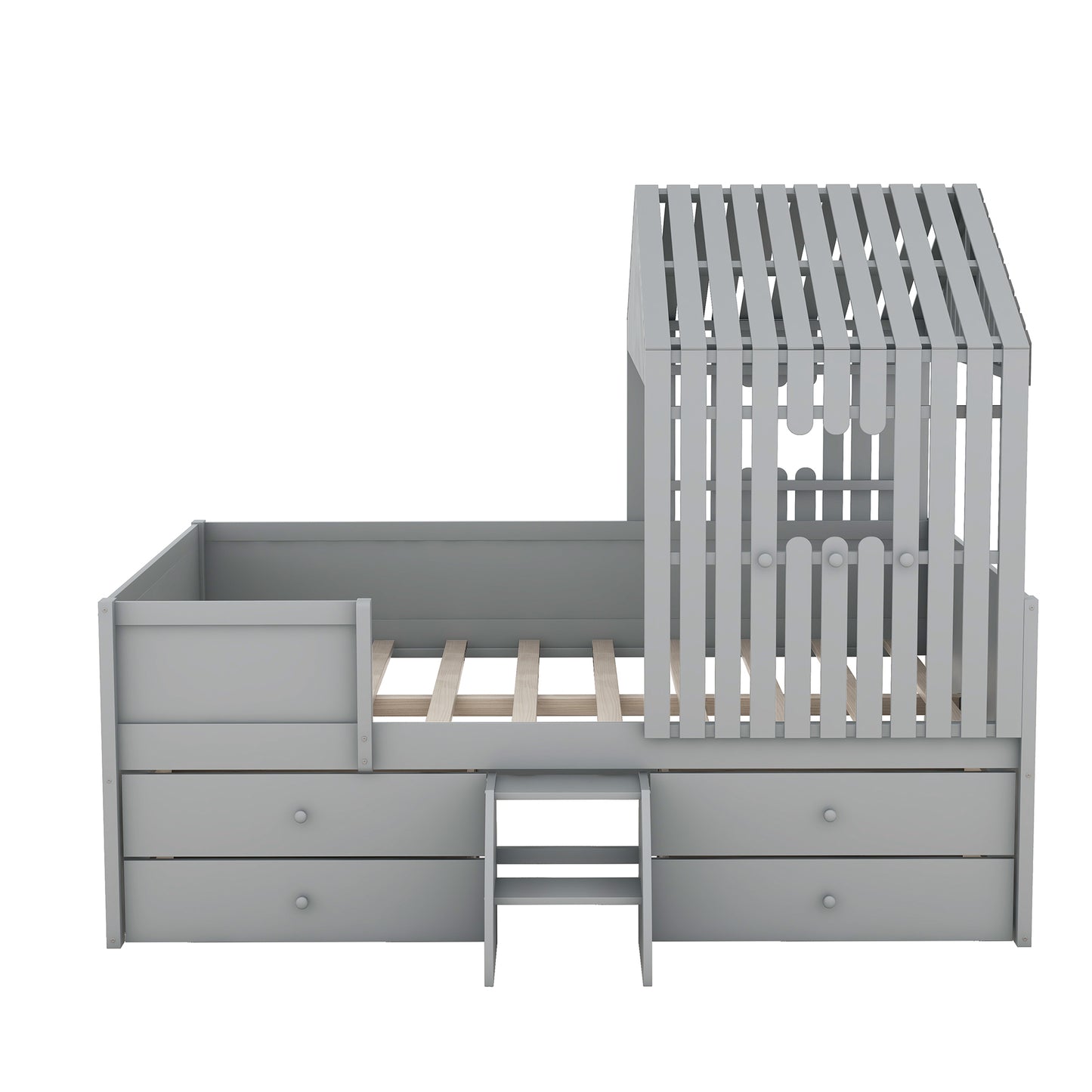 Full Size House Low Loft Bed with Four Drawers,Gray