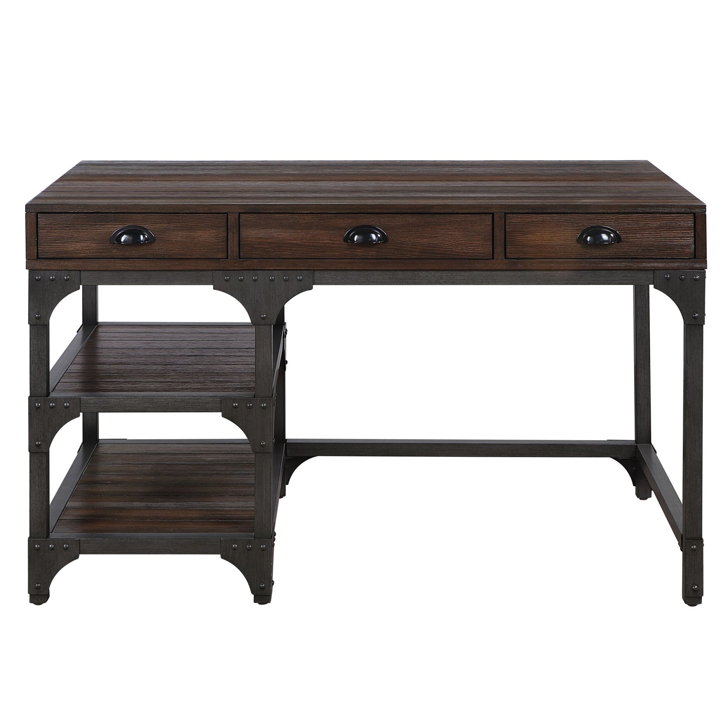 Sophisticated Espresso Oak Writing Desk with Vintage Black Metal Frame