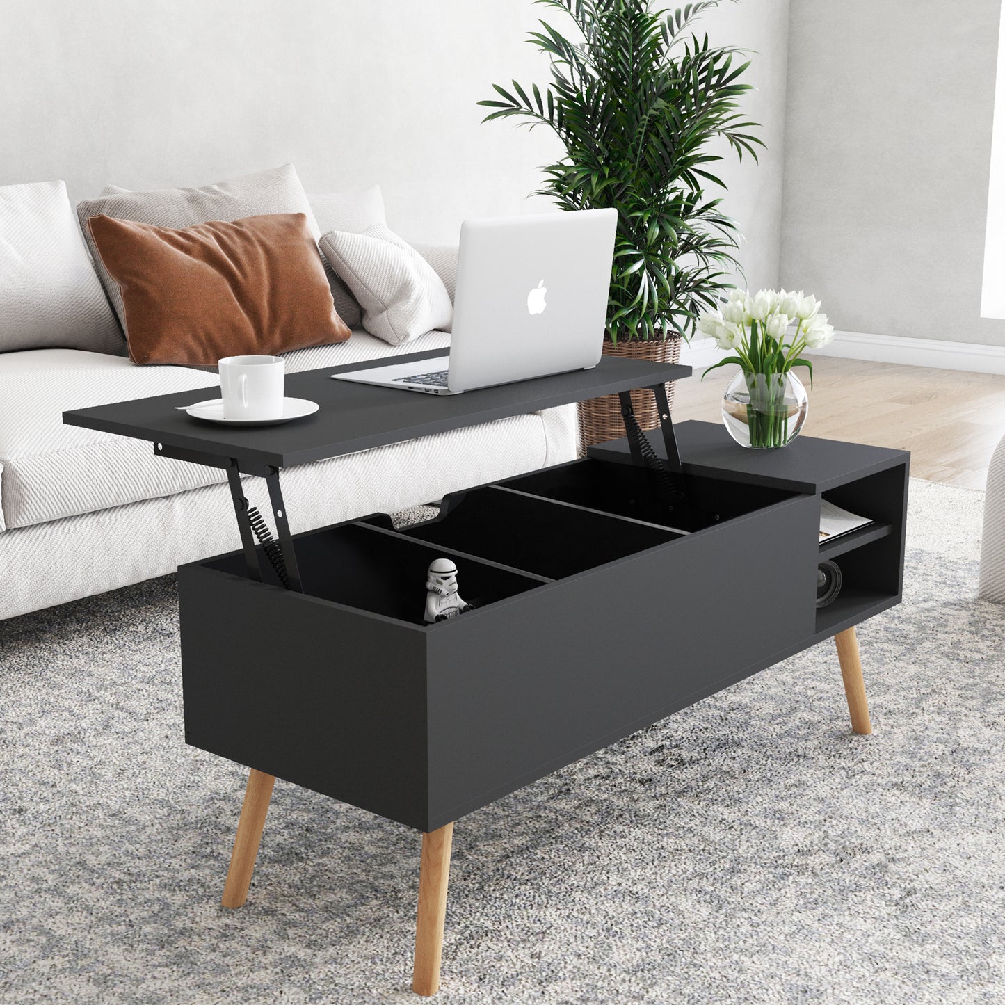 Elegant Lift-Top Coffee Table with Hidden Compartment and Solid Wood Legs