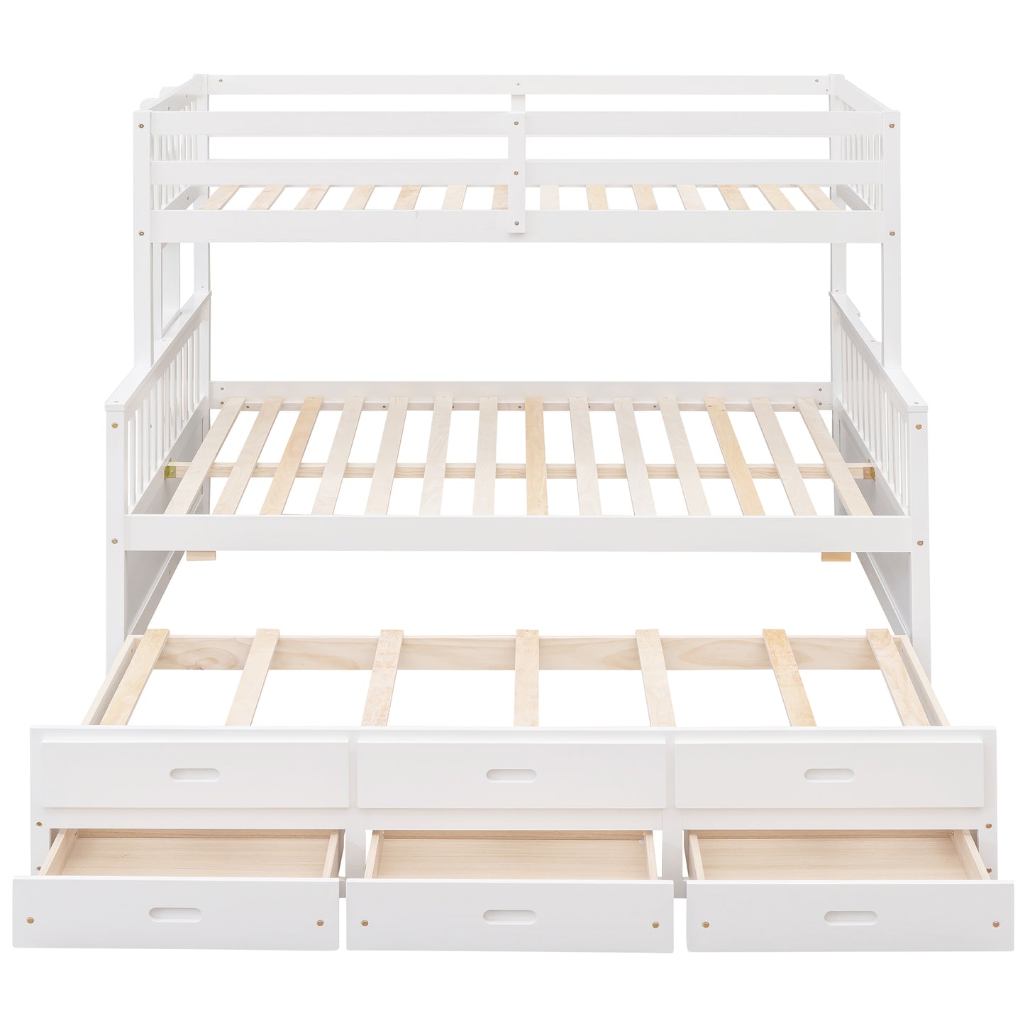 Playful Twin-Over-Full Bunk Bed with Trundle and Drawers - White