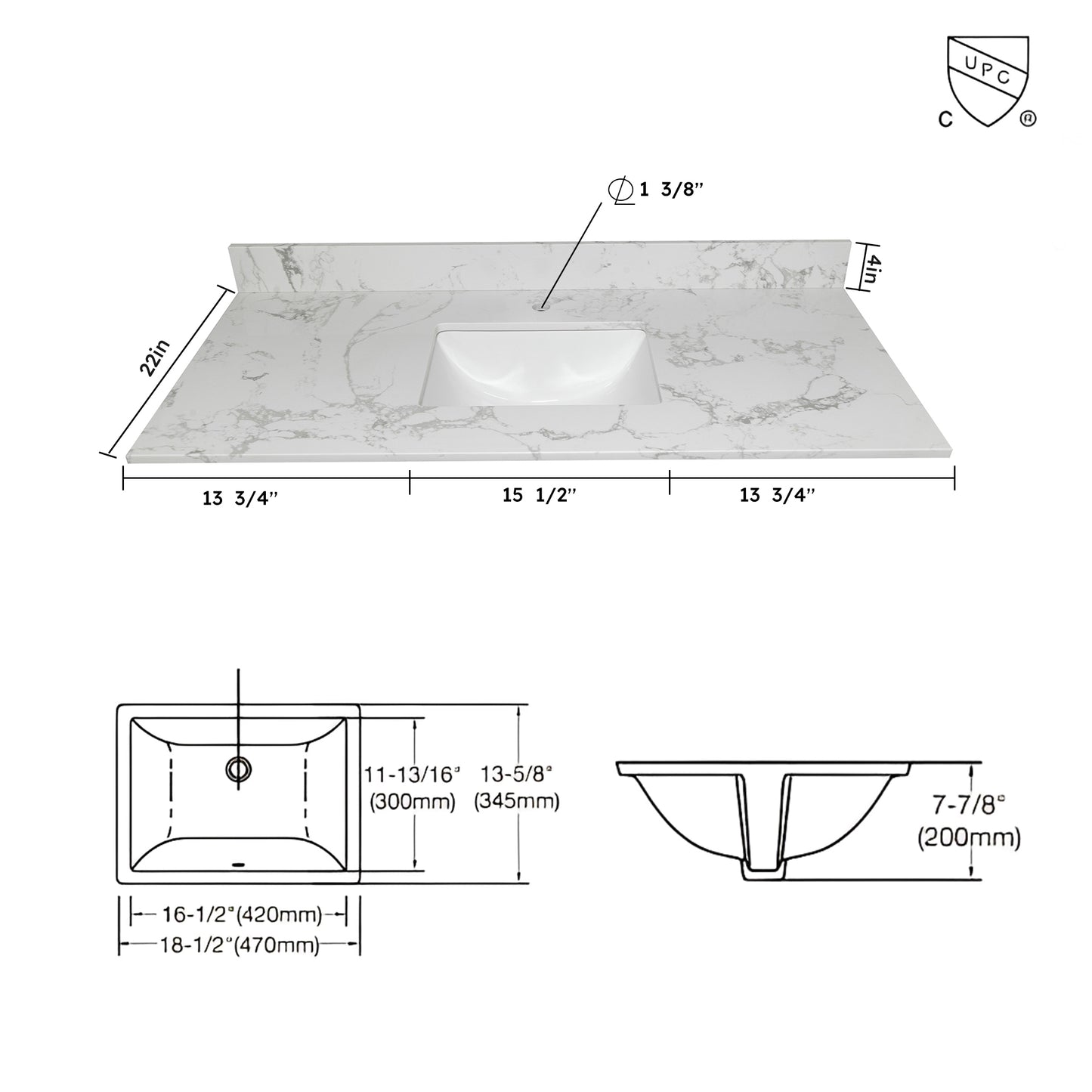 Montary 43x22 inch bathroom stone vanity top  engineered stone carrara white marble color with rectangle undermount ceramic sink and  single faucet hole with back splash .