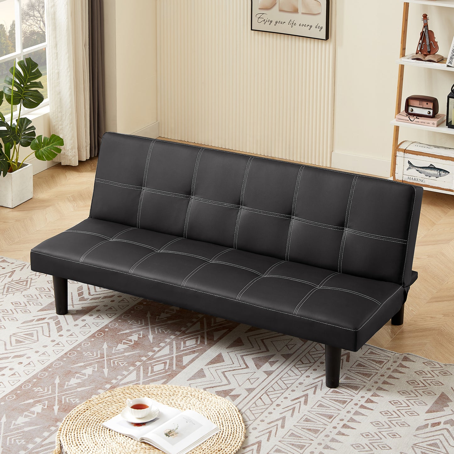 Black PU modern sofa bed, multi-position adjustable sofa bed, plastic feet