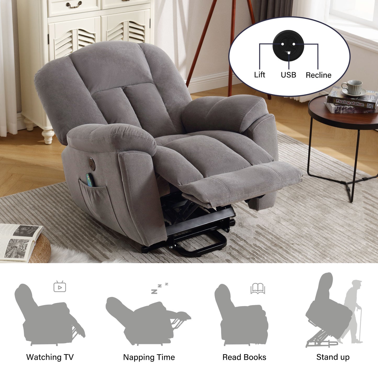 Electric Power Lift Recliner Chair with Heat and Massage - Grey