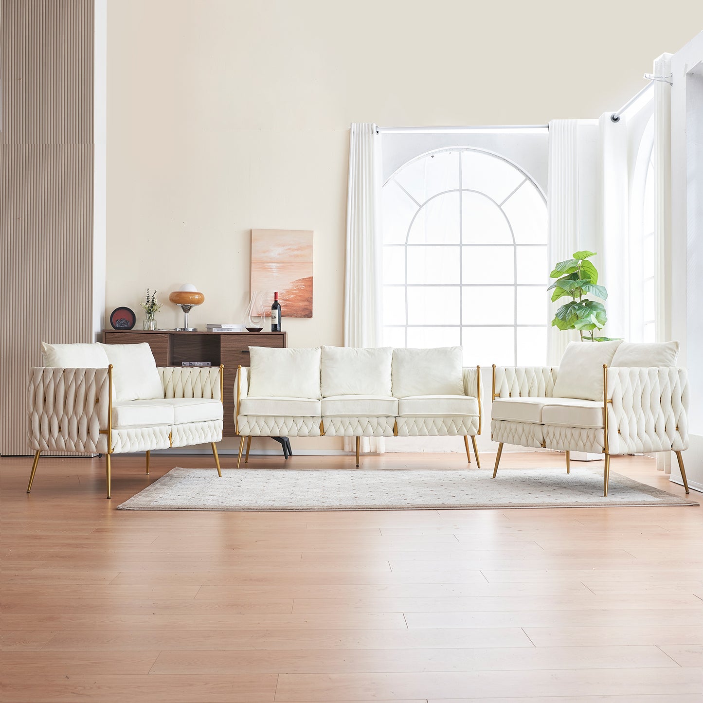 Luxurious 3-Piece Cream White Velvet Living Room Set with Hand-Woven Tufted Back and Golden Metal Legs