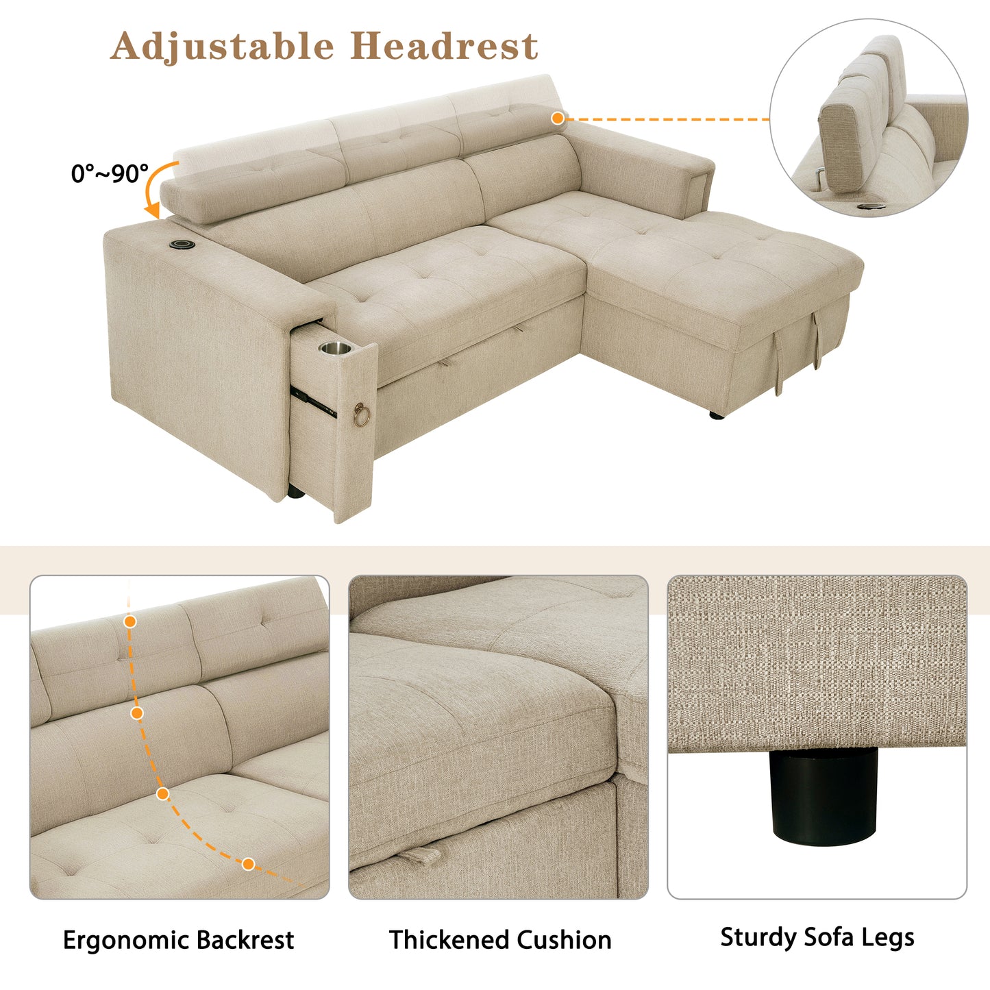 L-Shaped Sectional Sofa with Hidden Storage, Adjustable Headrest, Wireless Charging, and Cup Holders