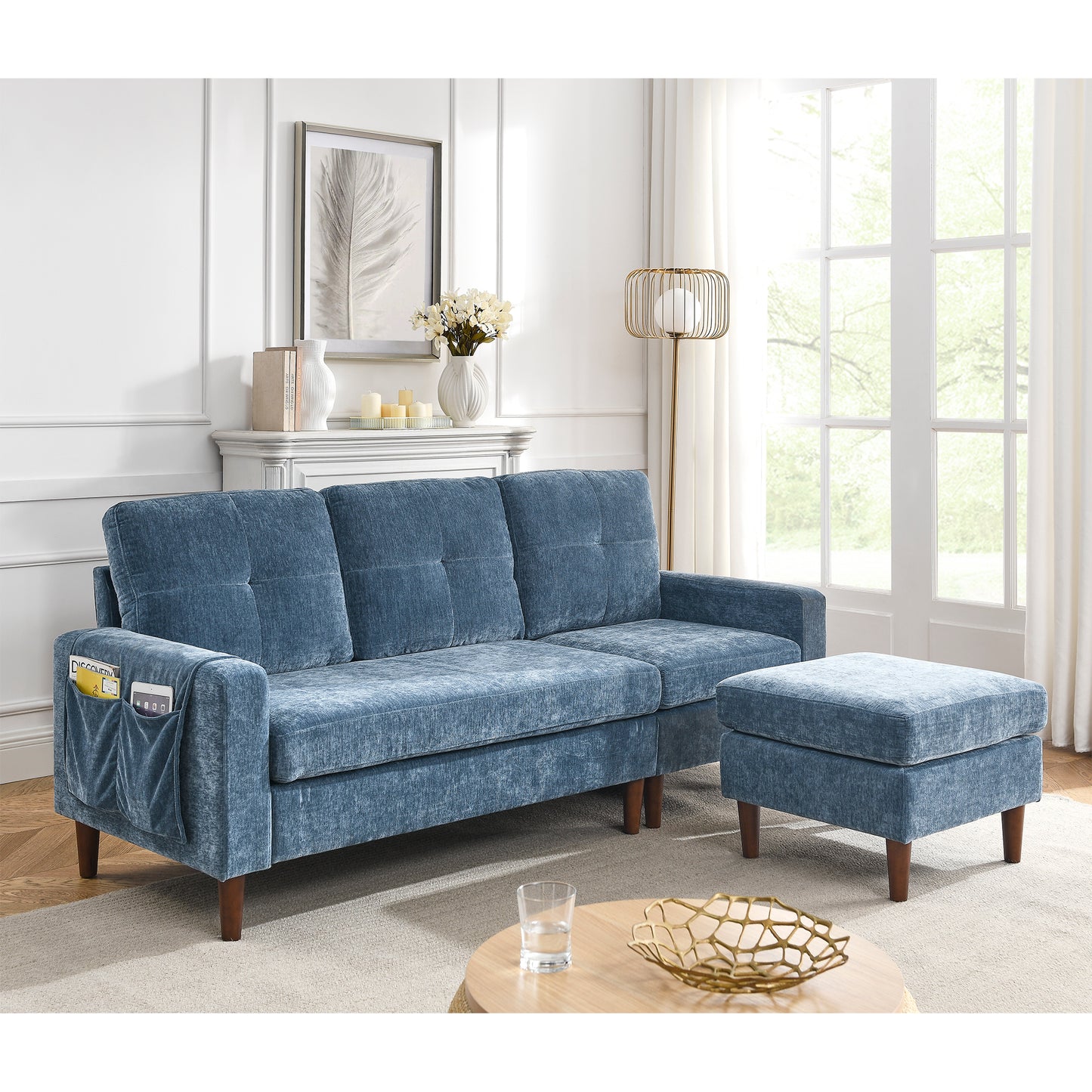 80-Inch Navy Blue Convertible Sectional Sofa with Reversible Chaise and Pocket Storage