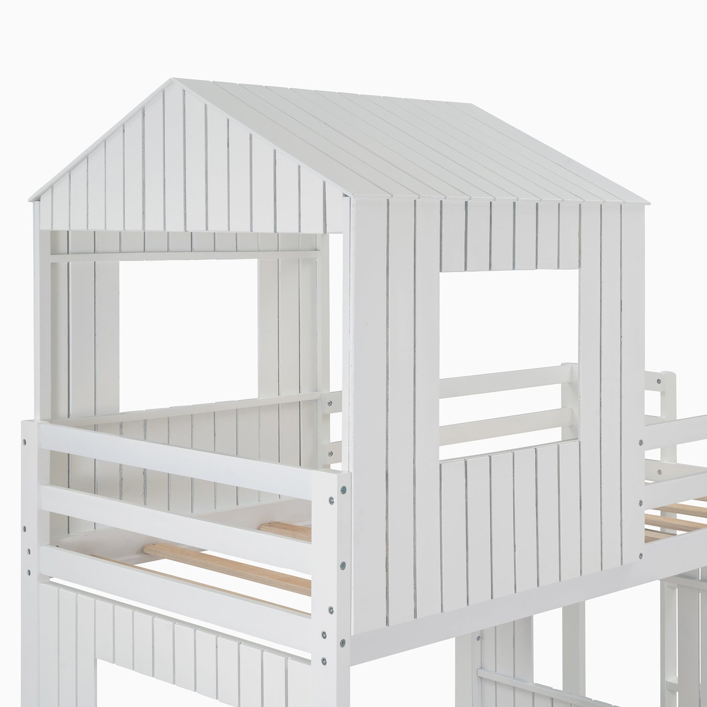 Whimsical Farmhouse Twin Over Full Bunk Bed with Playhouse in White