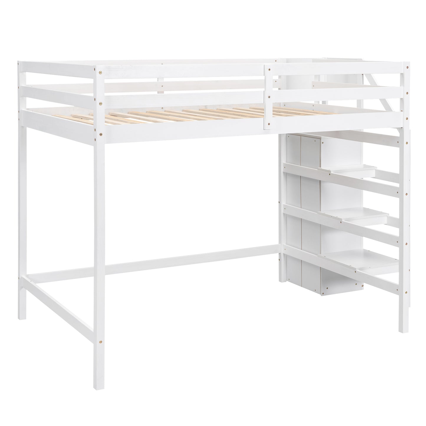 Full Size Loft Bed with Built-in Storage Wardrobe and Staircase, White