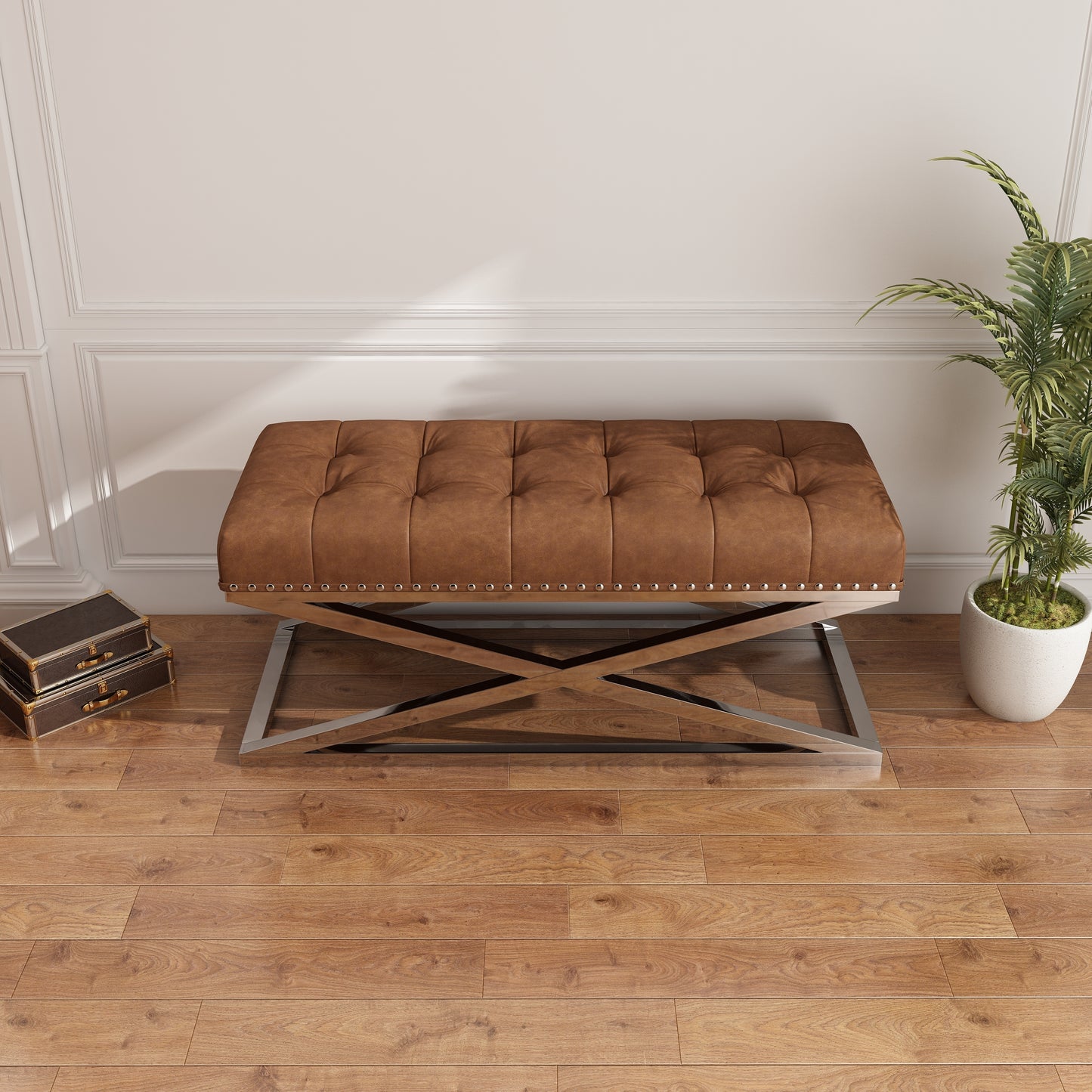 44" Stainless Steel Base with Vintage Vegan Leather Bed Bench (Brown)