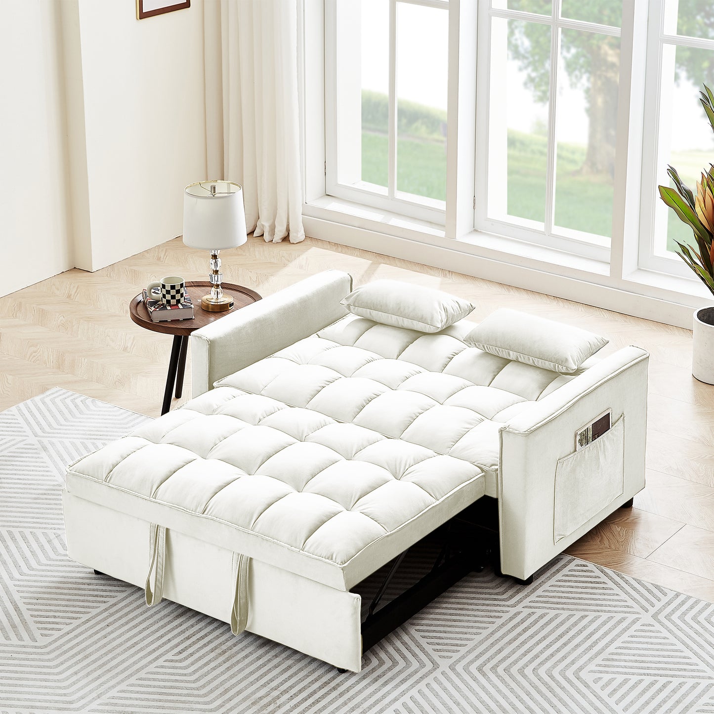 Sleeper Sofa Couch w/Pull Out Bed, 55" Modern Velvet Convertible Sleeper Sofa Bed, Small Love seat Sofa Bed w/Pillows & Side Pockets for Small Space, Living Room, Apartment, Cream White