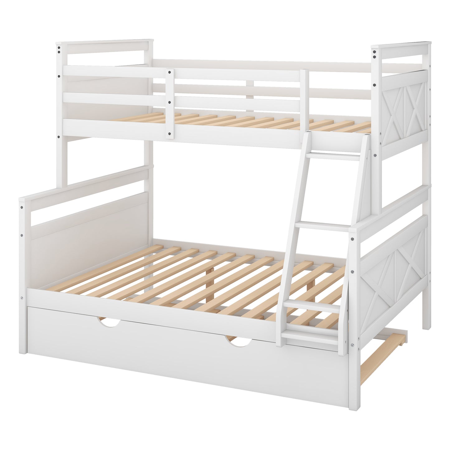 White Twin over Full Bunk Bed Set with Trundle, Guardrail, and Ladder