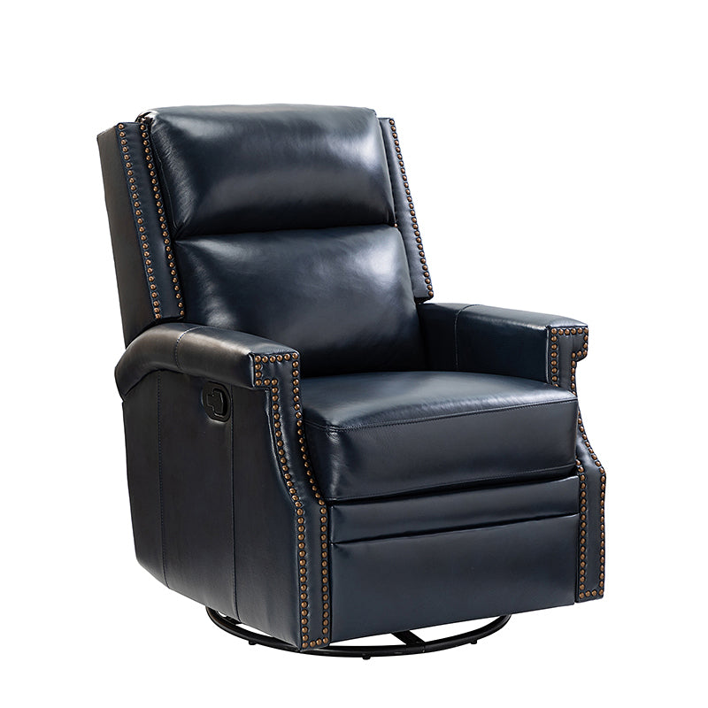 Navy Genuine Leather Swivel Rocker Recliner with Nailhead Trim