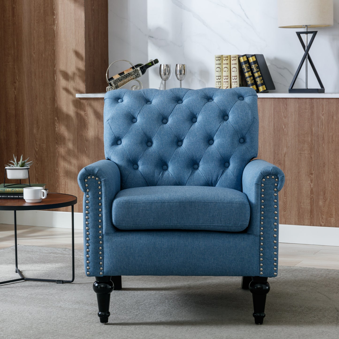 Accent Chairs for Bedroom, Midcentury Modern Accent Arm Chair for Living Room, Linen Fabric Comfy Reading Chair, Tufted Comfortable Sofa Chair, Upholstered Single Sofa, Blue