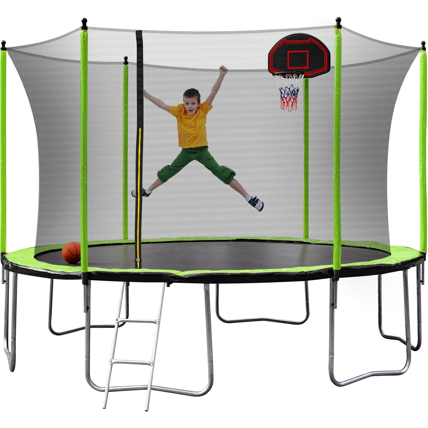 14FT  Trampoline with Basketball Hoop Inflator and Ladder(Inner Safety Enclosure) Green