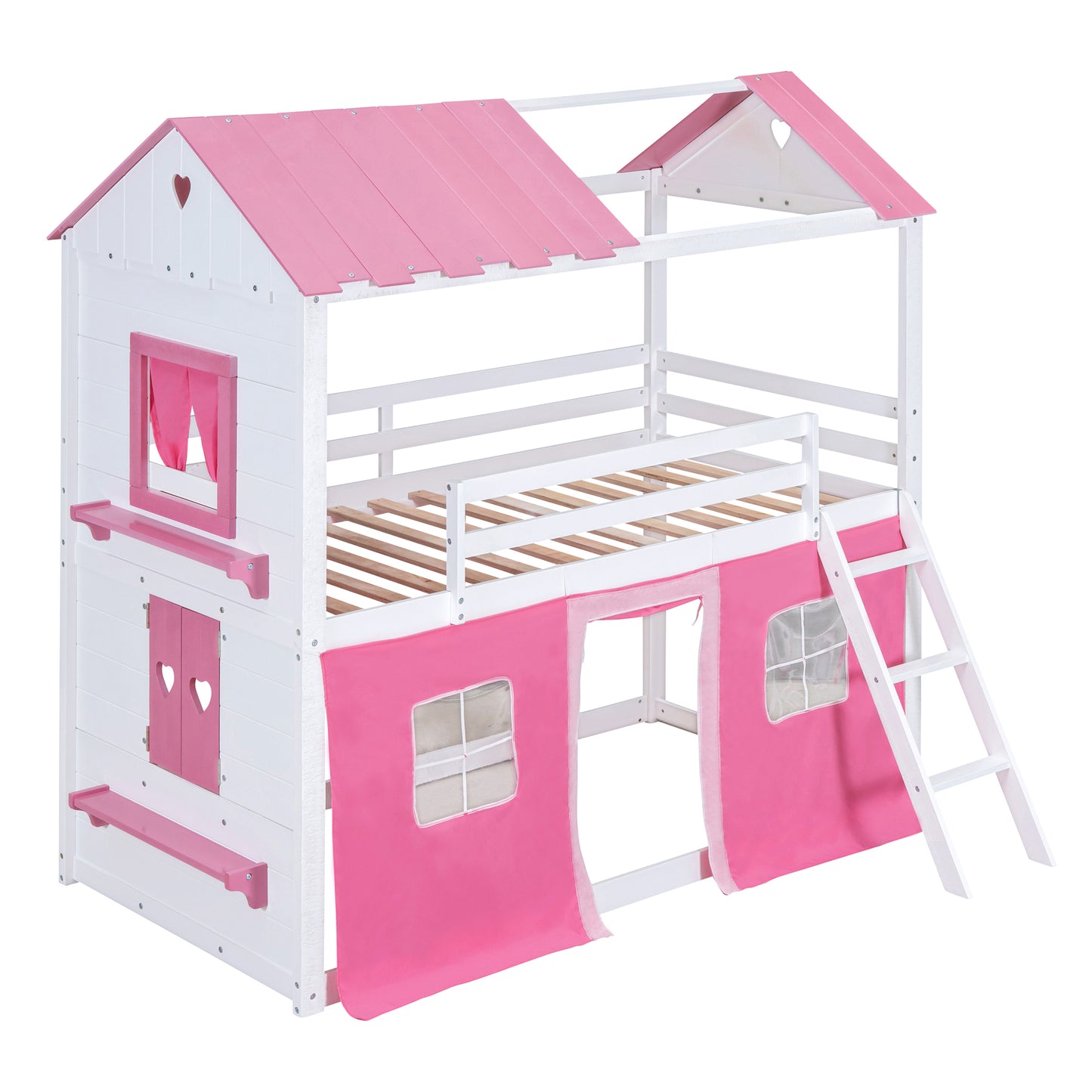 Twin Size Bunk Wood House Bed with Elegant Windows, Sills and Tent, Pink+White