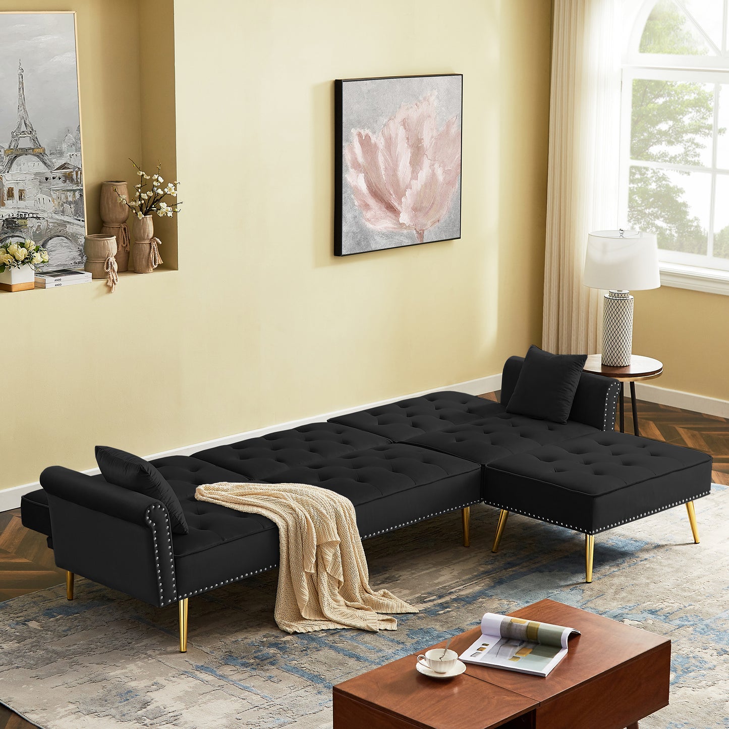 Modern Velvet Upholstered Reversible Sectional Sofa Bed , L-Shaped Couch with Movable Ottoman and Nailhead Trim For Living Room. (Black)