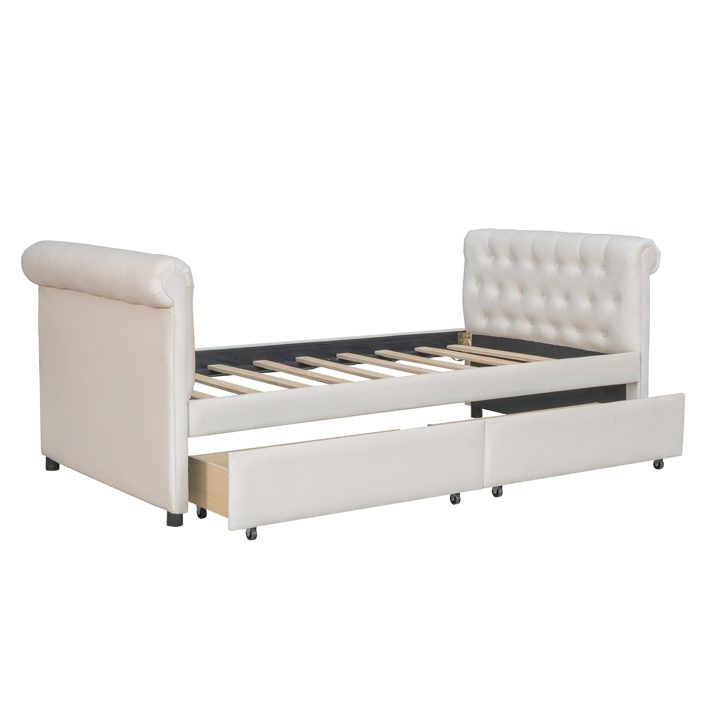 Twin Size Upholstered daybed with Drawers, Wood Slat Support, Beige