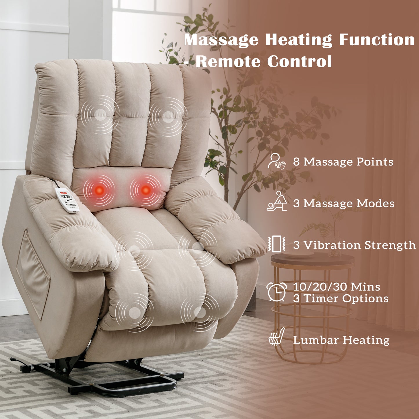 Electric Power Lift Massage Recliner Chair with Heat and Vibration, Beige - Comfortable and Customizable Electric Lift Recliner with Massage Function