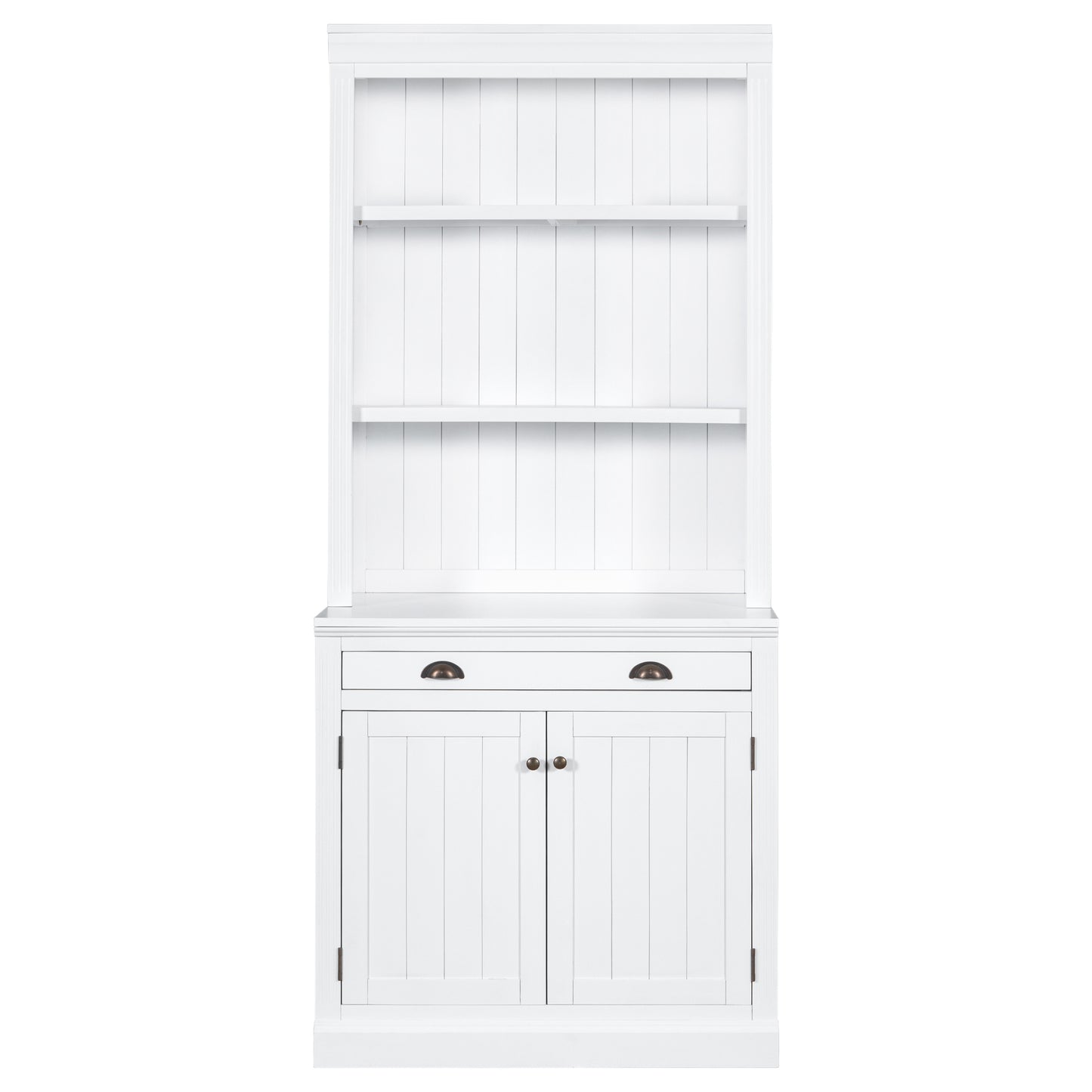 83.4 Tall 2-Piece White Bookshelf & Writing Desk Set with LED Lighting, Storage Drawers, and Doors