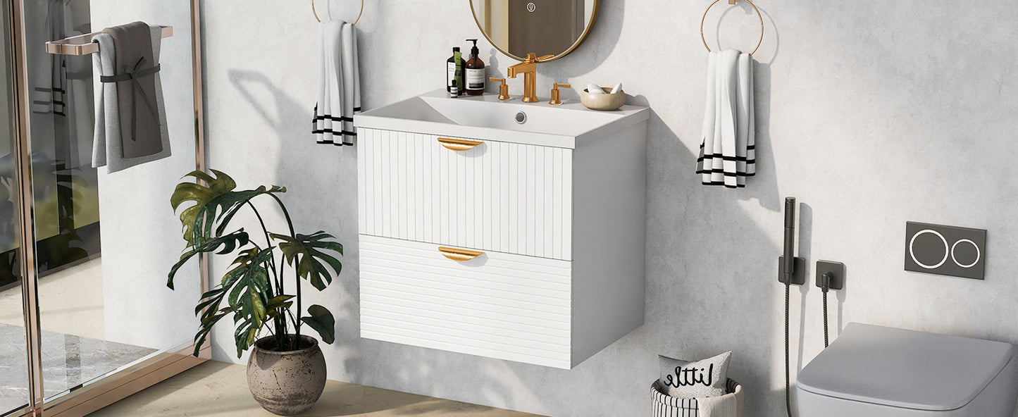 Modern 24-Inch Wall-Mounted Bathroom vanity with 2 Drawers, White  - Ideal for Small Bathrooms