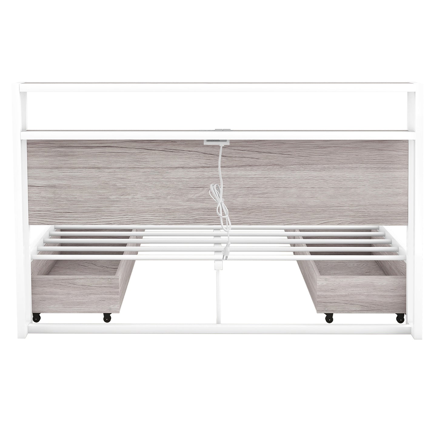 Queen Size Metal Platform Bed Frame with Four Drawers,Sockets and USB Ports ,Slat Support No Box Spring Needed White