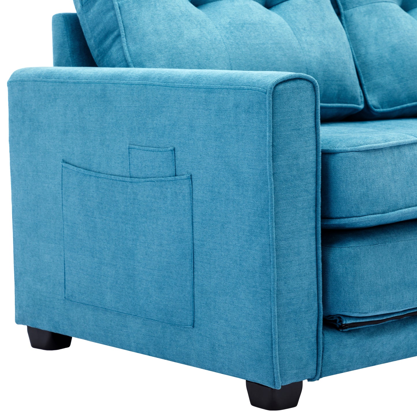 Modern Blue Loveseat Sofa with Pull-Out Bed and Storage Pockets